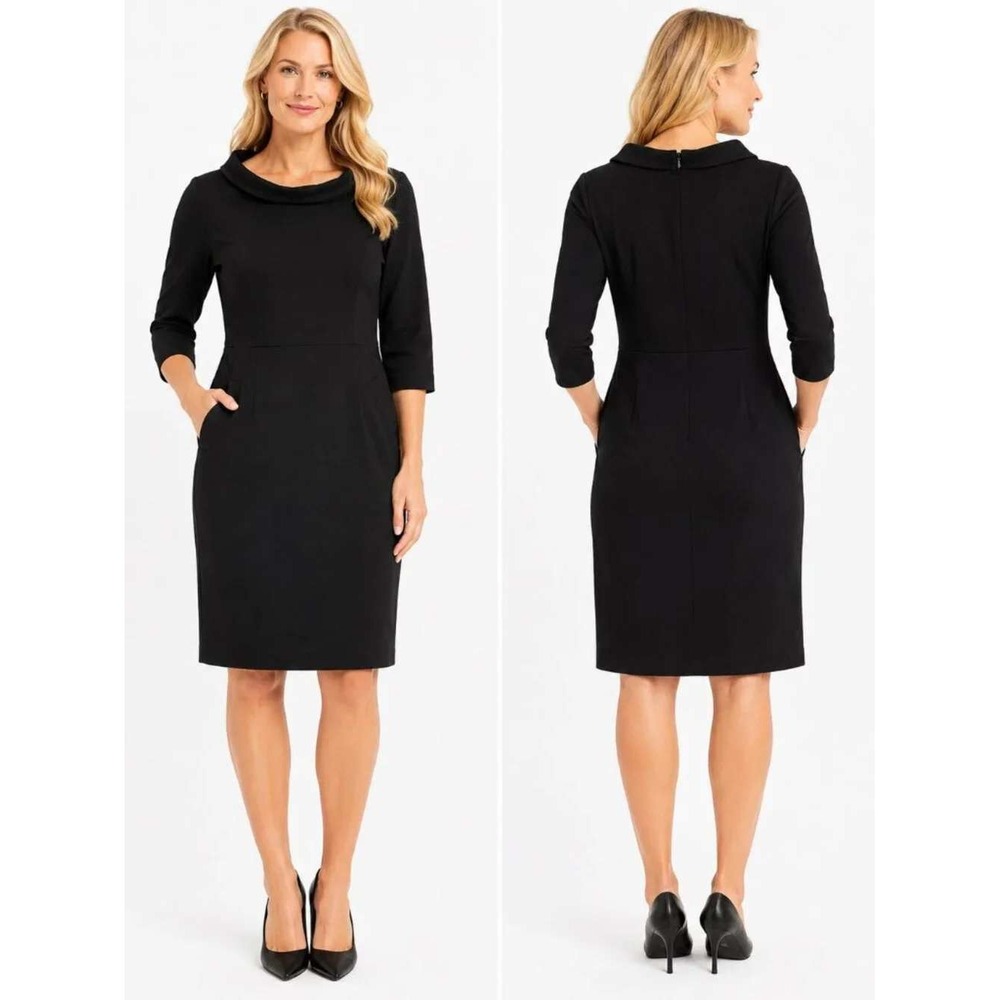 Talbots Portrait Collar Sheath Dress Womens 10 Black Ponte Knit 3/4 Sleeve Solid